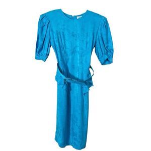 Argenti Women’s Vintage 80’s 100% Silk Turquoise Jacquard Belted Dress Size 6
